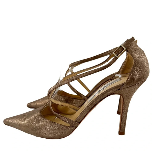 Saks Fifth Avenue heels 8.5 nubuck bronze leather pointy toe stilettos metallic - Picture 4 of 14